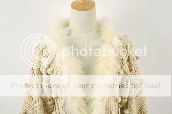 Women Hand Knit Mohair/ Wool Cardigan Coat Jacket Rabbit Fur Collar 